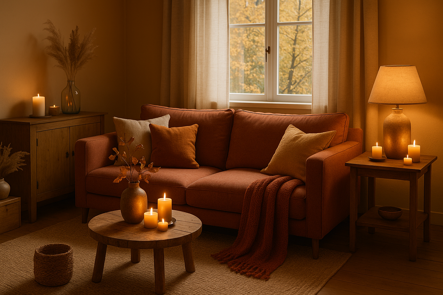 Herbstliche Raumgestaltung: Warme Farben, natürliche Materialien, Kerzenlicht